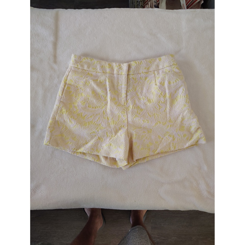 One Market Yellow White Floral Jacquard Textured High Waisted Shorts Womens M